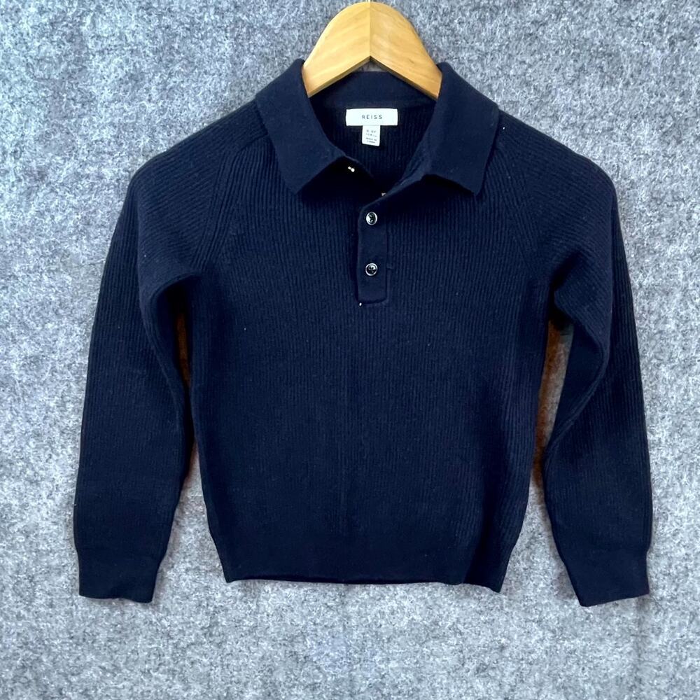 Reiss Polo Sweater Youth 8/9 Navy Wool Ribbed Stretch Raglan Sleeve Collared‎